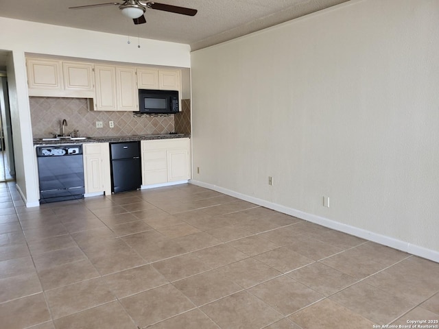 kitchen with ceiling fan, sink, tasteful backsplash, light tile patterned flooring, and black appliances