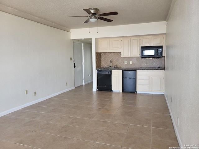 kitchen featuring a textured ceiling, tasteful backsplash, ceiling fan, and black appliances