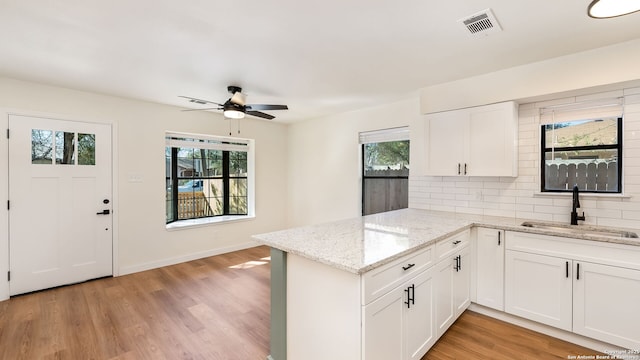 kitchen with kitchen peninsula, backsplash, light stone counters, sink, and white cabinetry