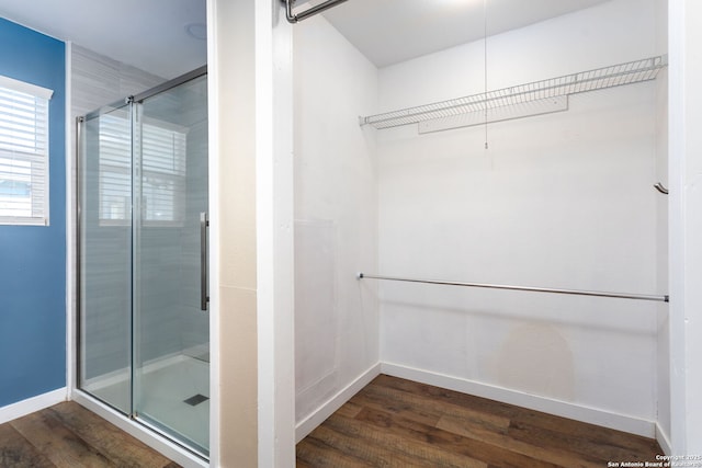 bathroom featuring hardwood / wood-style floors and a shower with door