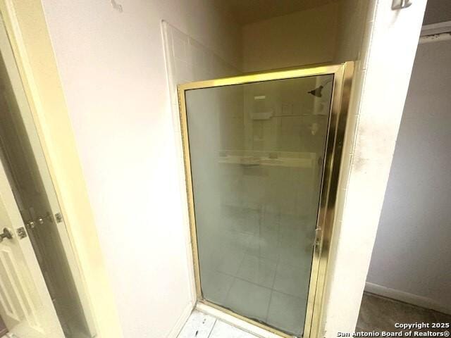 bathroom featuring a shower with door