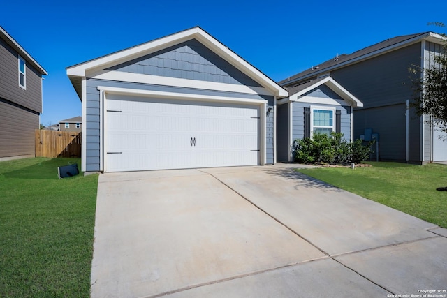 ranch-style house with a garage and a front lawn