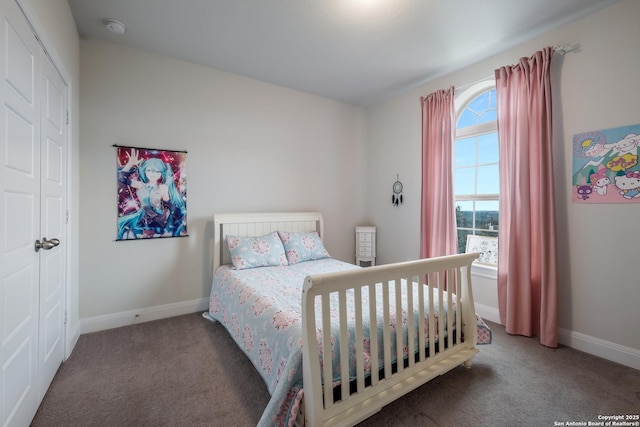 carpeted bedroom featuring a closet