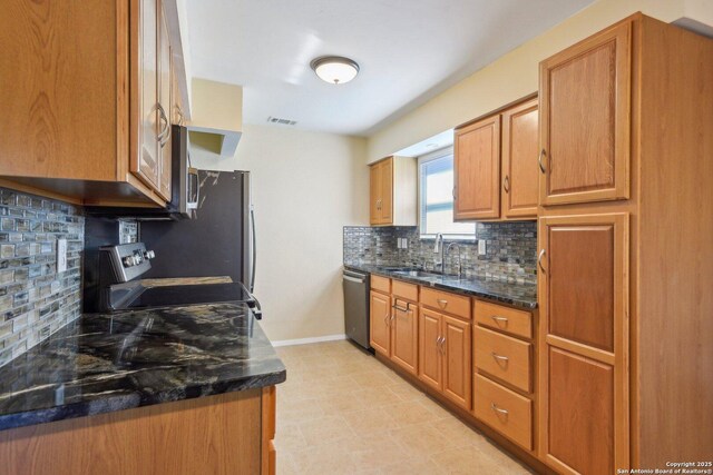 kitchen featuring decorative backsplash, sink, dark stone counters, and appliances with stainless steel finishes