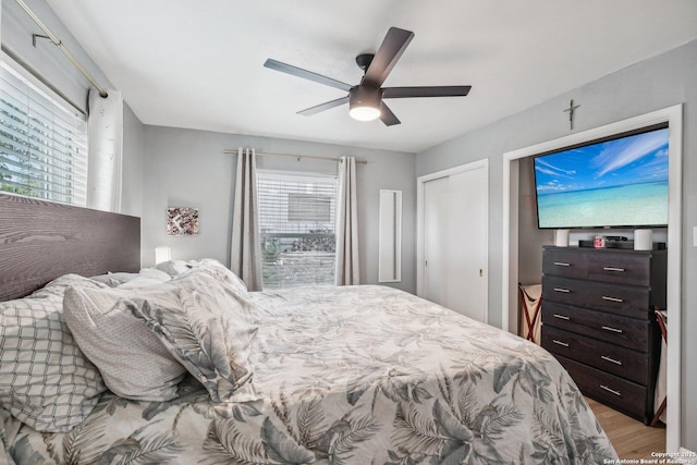 bedroom with a closet, light hardwood / wood-style floors, and ceiling fan