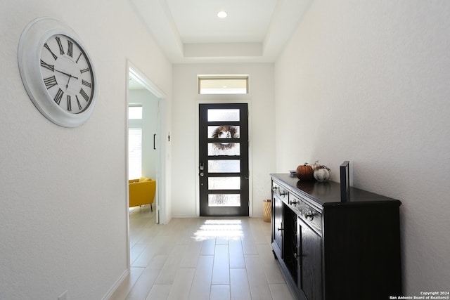 foyer entrance with a raised ceiling