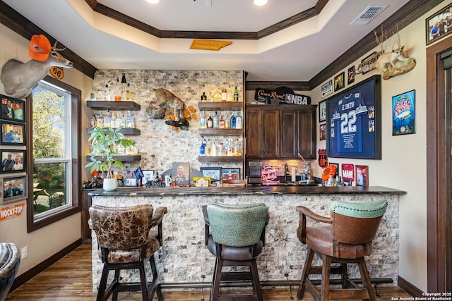 bar featuring a tray ceiling, dark brown cabinetry, dark hardwood / wood-style flooring, and ornamental molding