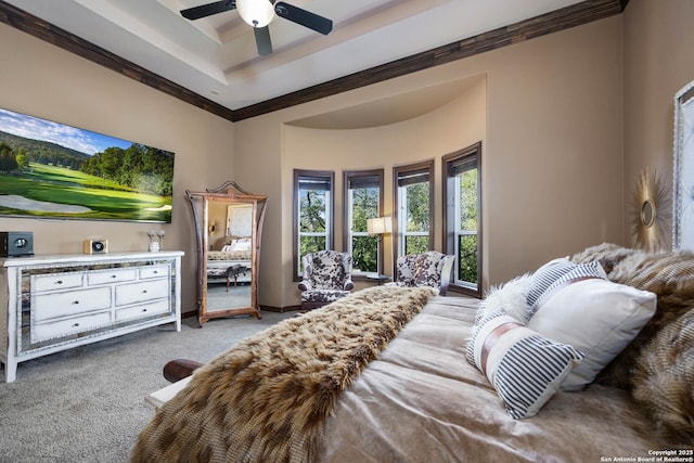 bedroom featuring ceiling fan and light carpet