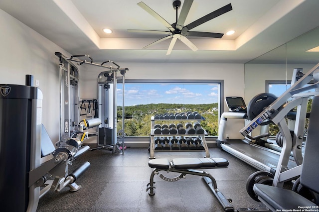 workout area featuring a raised ceiling and ceiling fan