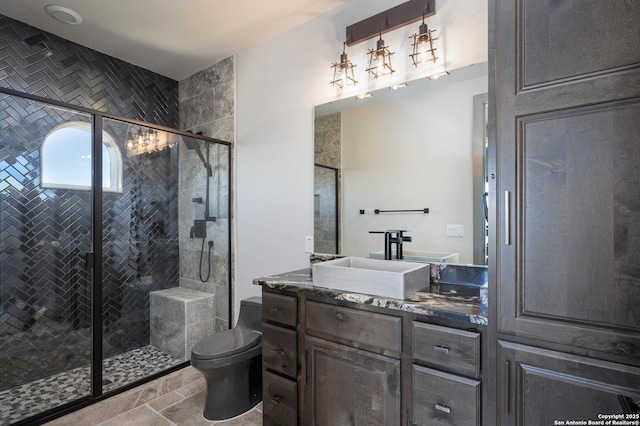 bathroom featuring vanity, toilet, and walk in shower