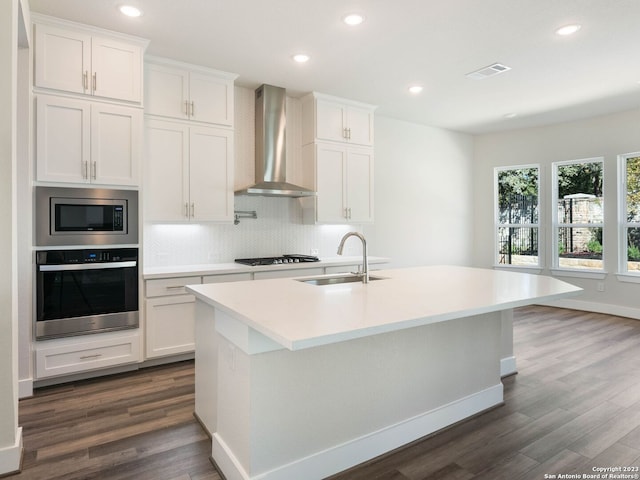 kitchen with sink, white cabinets, wall chimney range hood, and appliances with stainless steel finishes