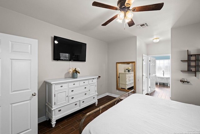 bedroom featuring connected bathroom and ceiling fan