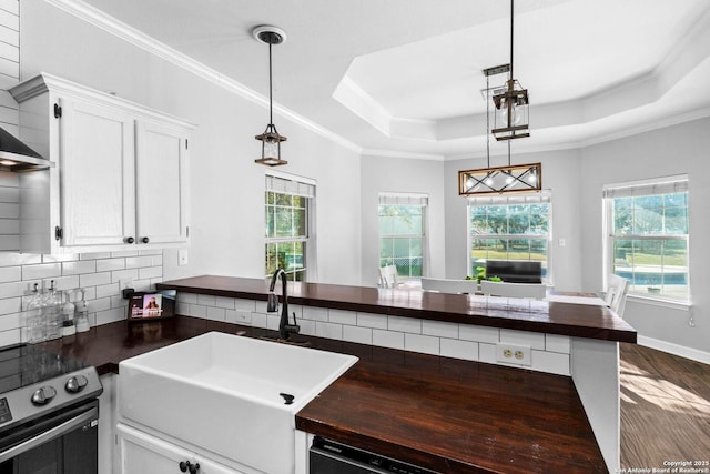 kitchen with a raised ceiling, stainless steel electric range oven, sink, and hanging light fixtures