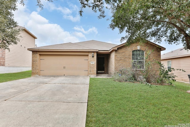 single story home with a front yard and a garage