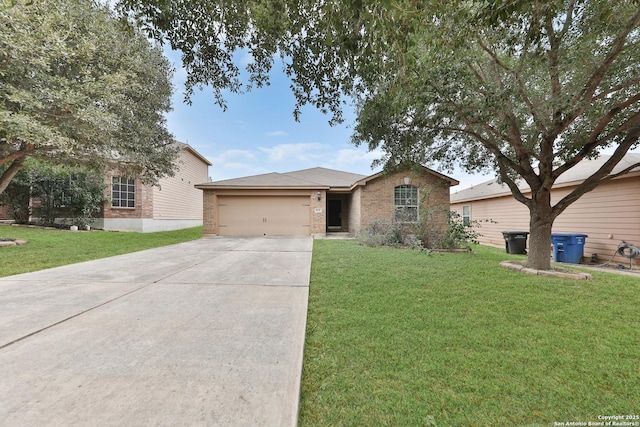 ranch-style house featuring a front yard and a garage