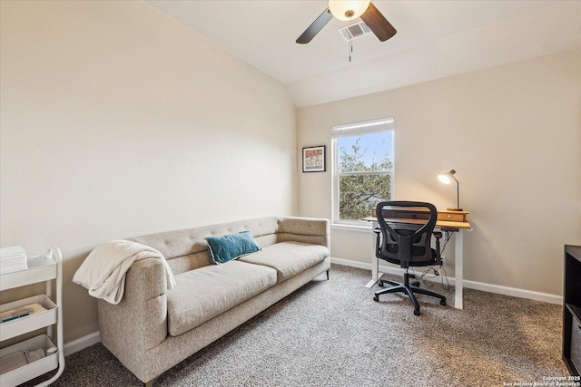 home office with ceiling fan, carpet floors, and lofted ceiling