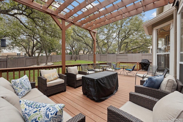 deck featuring a lawn, an outdoor living space, area for grilling, and a pergola