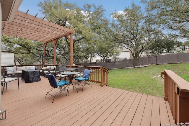 wooden terrace with a pergola, outdoor lounge area, and a lawn