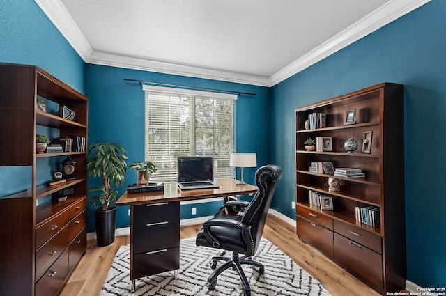 office space with light hardwood / wood-style floors, a textured ceiling, and ornamental molding