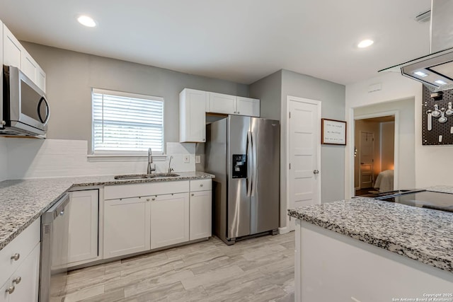 kitchen featuring backsplash, sink, white cabinets, and appliances with stainless steel finishes