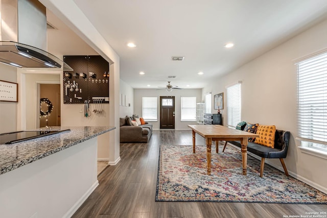 interior space with ceiling fan and dark hardwood / wood-style floors