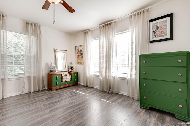 miscellaneous room with ceiling fan and hardwood / wood-style floors