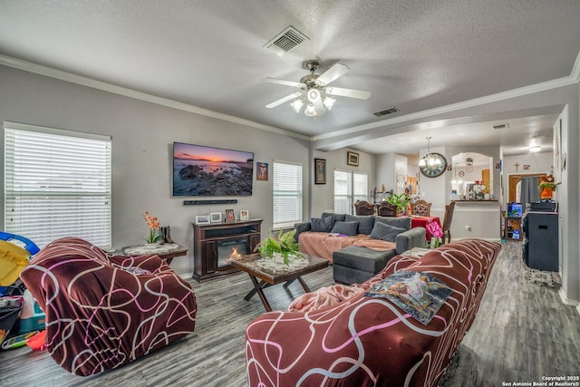 living room with hardwood / wood-style floors, ceiling fan with notable chandelier, ornamental molding, and a textured ceiling