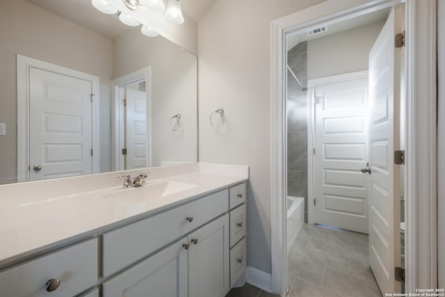 bathroom with vanity, shower / bath combination, and tile patterned floors