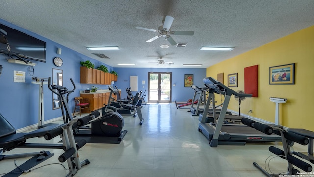 gym with french doors, a textured ceiling, and ceiling fan