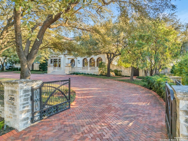 view of front of property with a fenced front yard and a gate