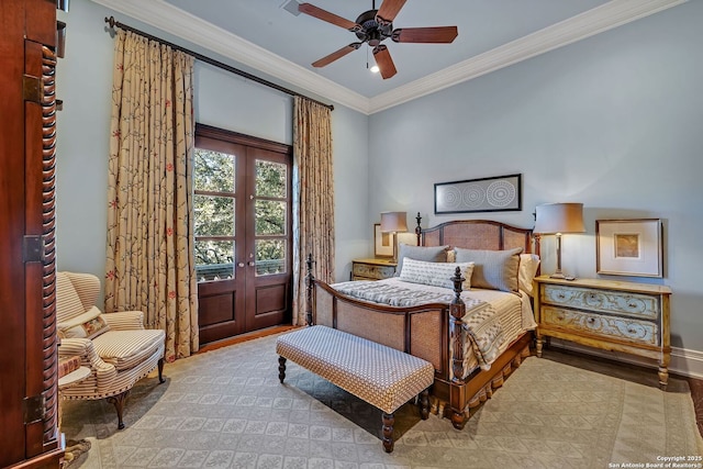 bedroom with french doors, crown molding, baseboards, and ceiling fan