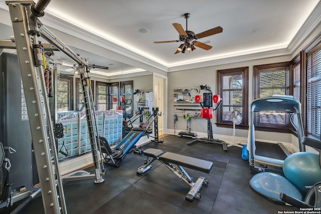 workout area with baseboards, ceiling fan, a raised ceiling, and crown molding