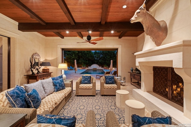 200 Geneseo Rd, Terrell Hills, TX 78209 - living room featuring ceiling fan, wood ceiling with exposed beams, a warm lit fireplace, and tile walls