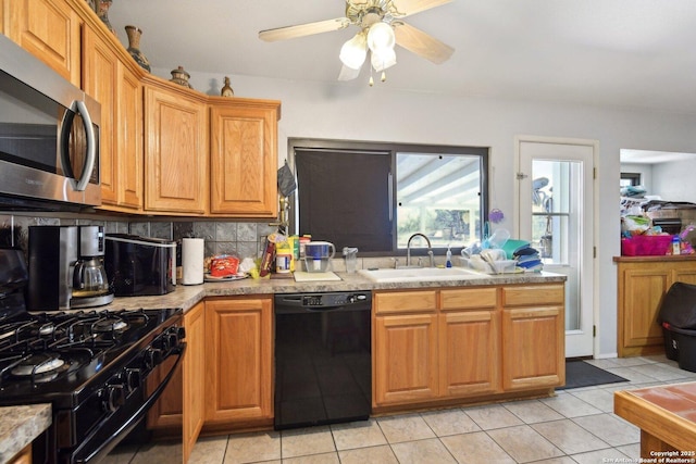 kitchen featuring backsplash, black appliances, sink, ceiling fan, and light tile patterned flooring