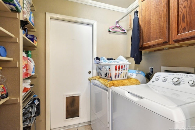 clothes washing area with cabinets, separate washer and dryer, crown molding, and light tile patterned floors