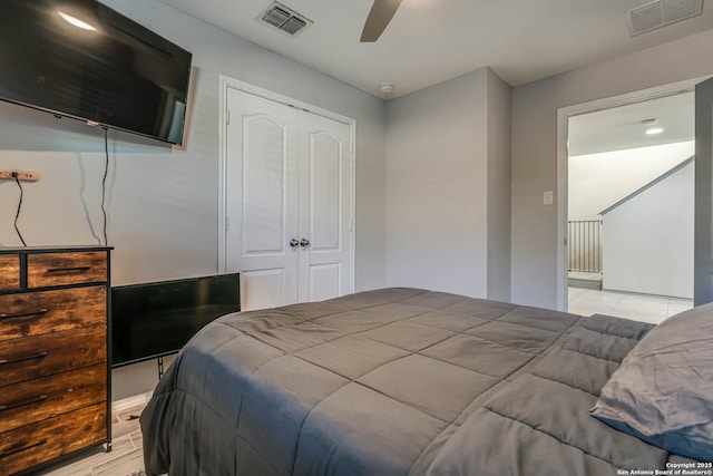 bedroom featuring ceiling fan, a closet, and light hardwood / wood-style floors