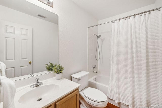 full bathroom featuring vanity, toilet, and shower / bathtub combination with curtain