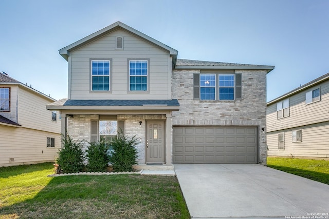 view of front of property featuring a front yard and a garage