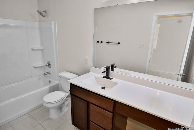 full bathroom with bathing tub / shower combination, tile patterned flooring, vanity, and toilet