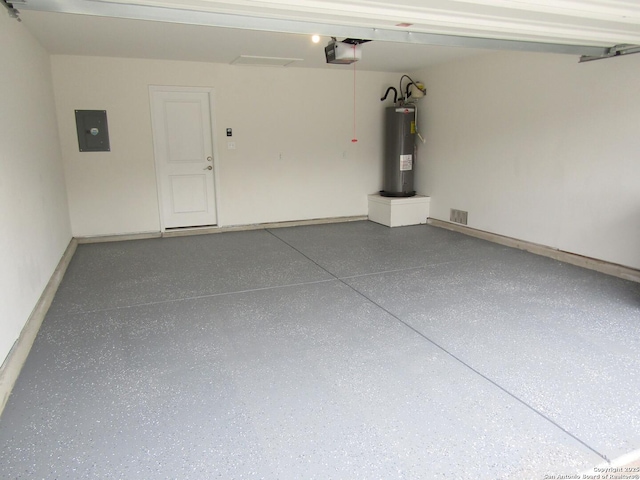 garage with electric panel, electric water heater, and a garage door opener