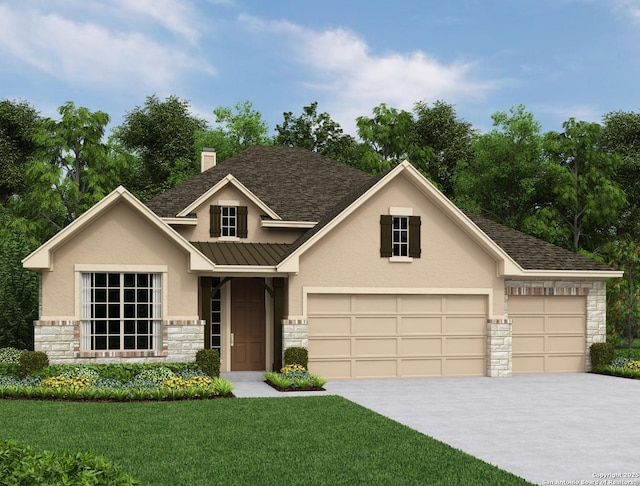 view of front of house featuring metal roof, an attached garage, stone siding, concrete driveway, and a standing seam roof