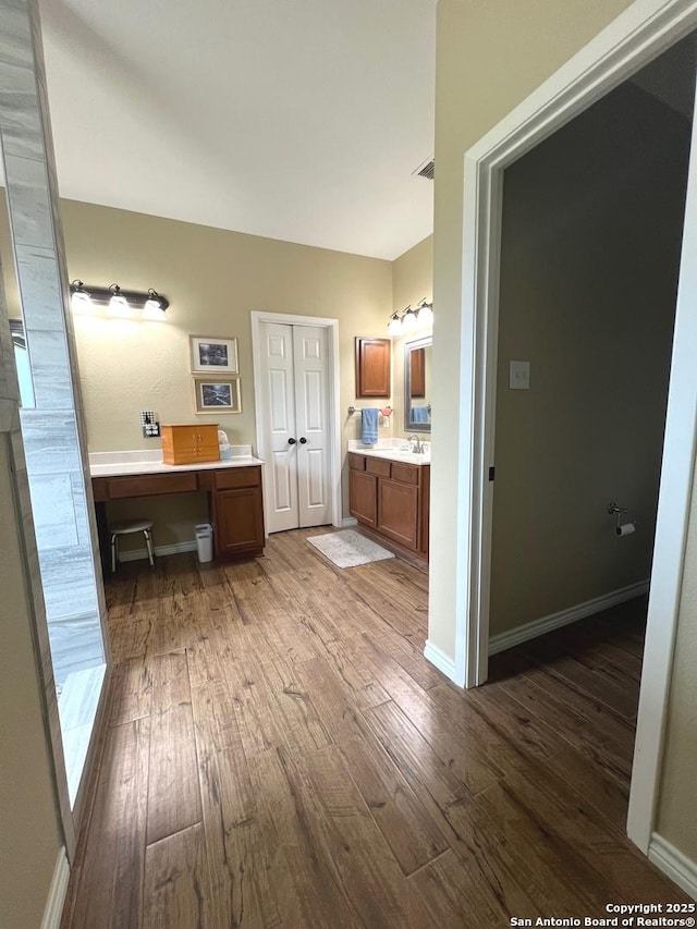 bathroom featuring hardwood / wood-style floors and vanity