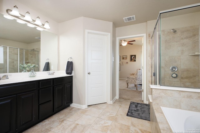 bathroom with tile patterned flooring, ceiling fan, independent shower and bath, and vanity