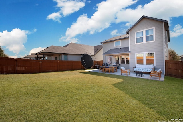 rear view of property featuring an outdoor hangout area, a patio, and a lawn