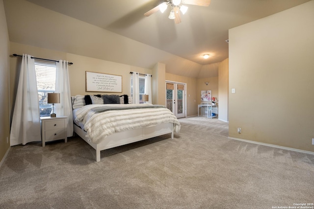 carpeted bedroom featuring ceiling fan and lofted ceiling