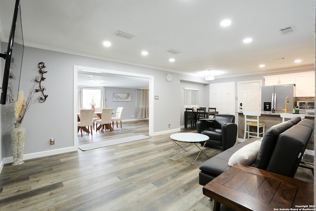 living room featuring crown molding and light hardwood / wood-style flooring