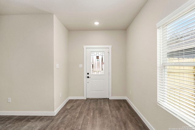 entryway with dark hardwood / wood-style flooring