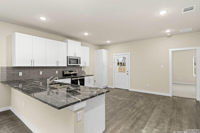 kitchen featuring white cabinetry, sink, stainless steel appliances, dark hardwood / wood-style floors, and kitchen peninsula