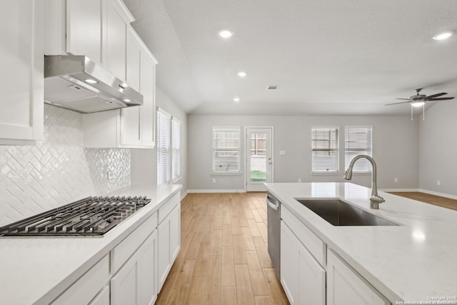 kitchen with light wood-type flooring, ventilation hood, stainless steel appliances, sink, and white cabinets