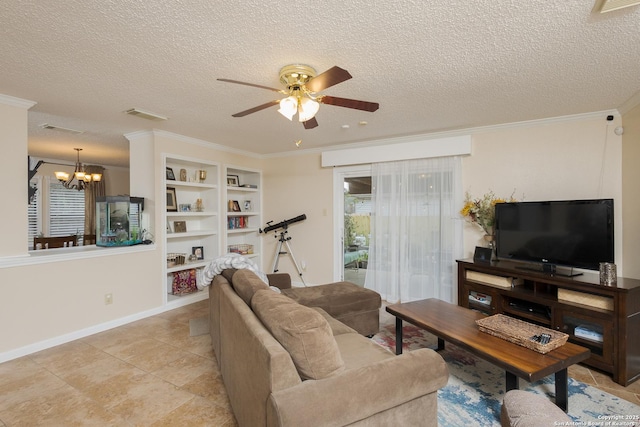 living room featuring a textured ceiling, ceiling fan with notable chandelier, and ornamental molding